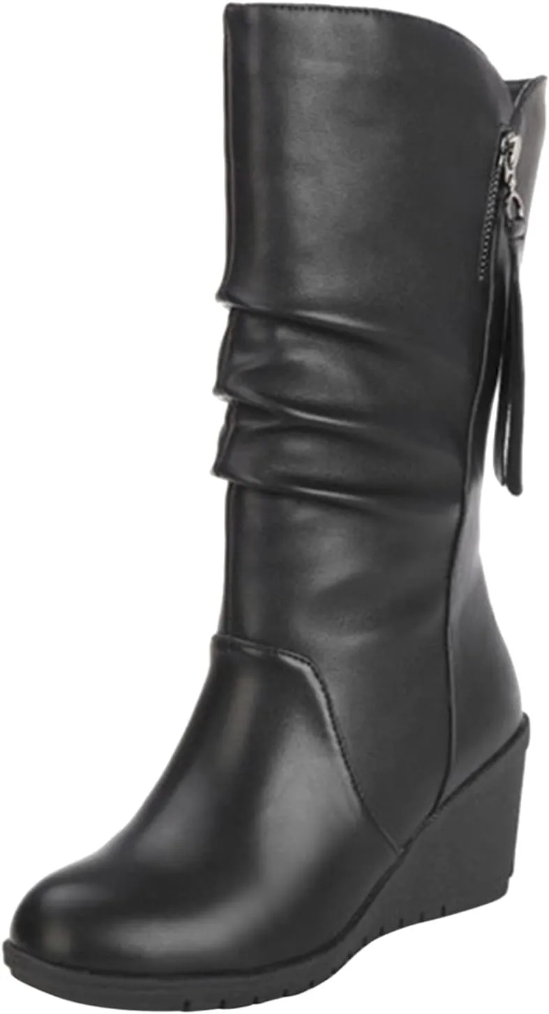 Combat Boots Womens Leather Round Toe Boots Fashion Mid Calf Wedge Boots Ladies High Heel Fall Winter Dress Shoes