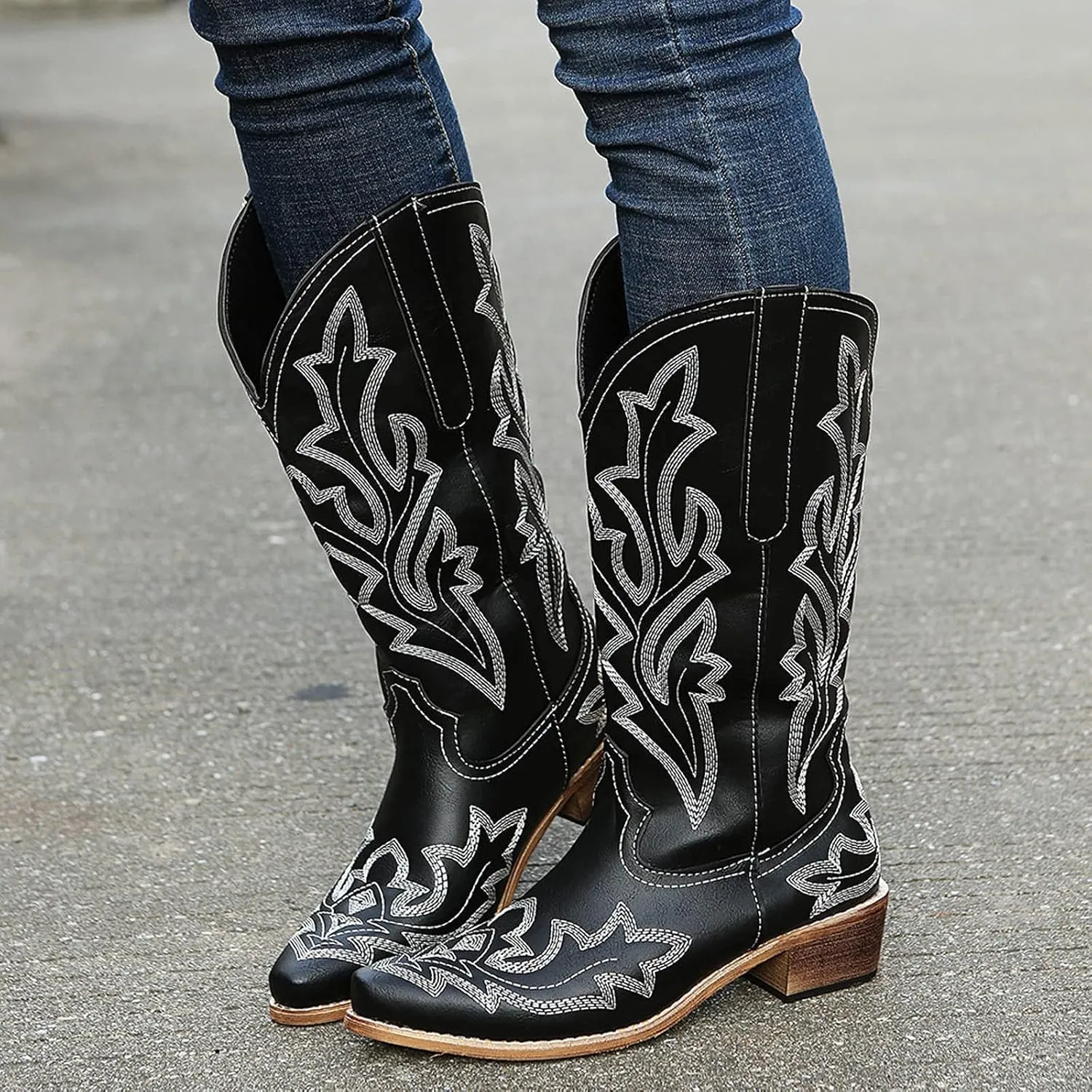 Cowboy Boots for Women Wide Calf Winter Boots for Women Vintage Embroidered Print Pointed Toe Leather Mid Boots