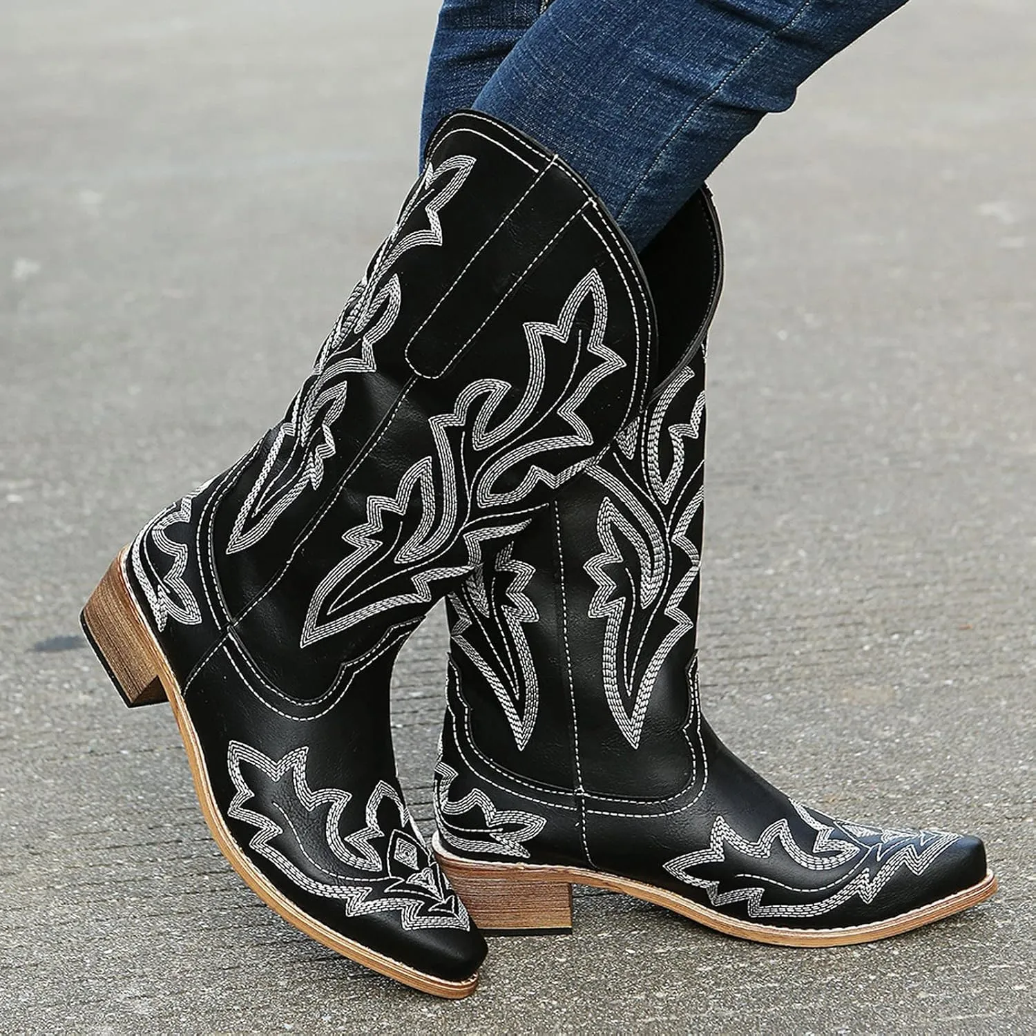 Cowboy Boots for Women Wide Calf Winter Boots for Women Vintage Embroidered Print Pointed Toe Leather Mid Boots