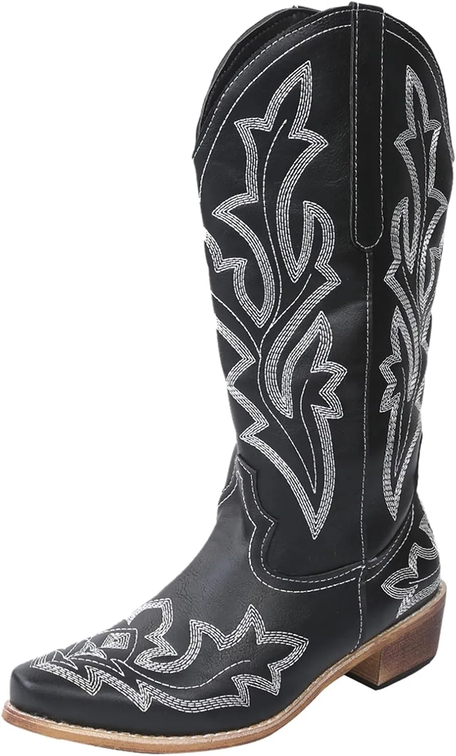 Cowboy Boots for Women Wide Calf Winter Boots for Women Vintage Embroidered Print Pointed Toe Leather Mid Boots