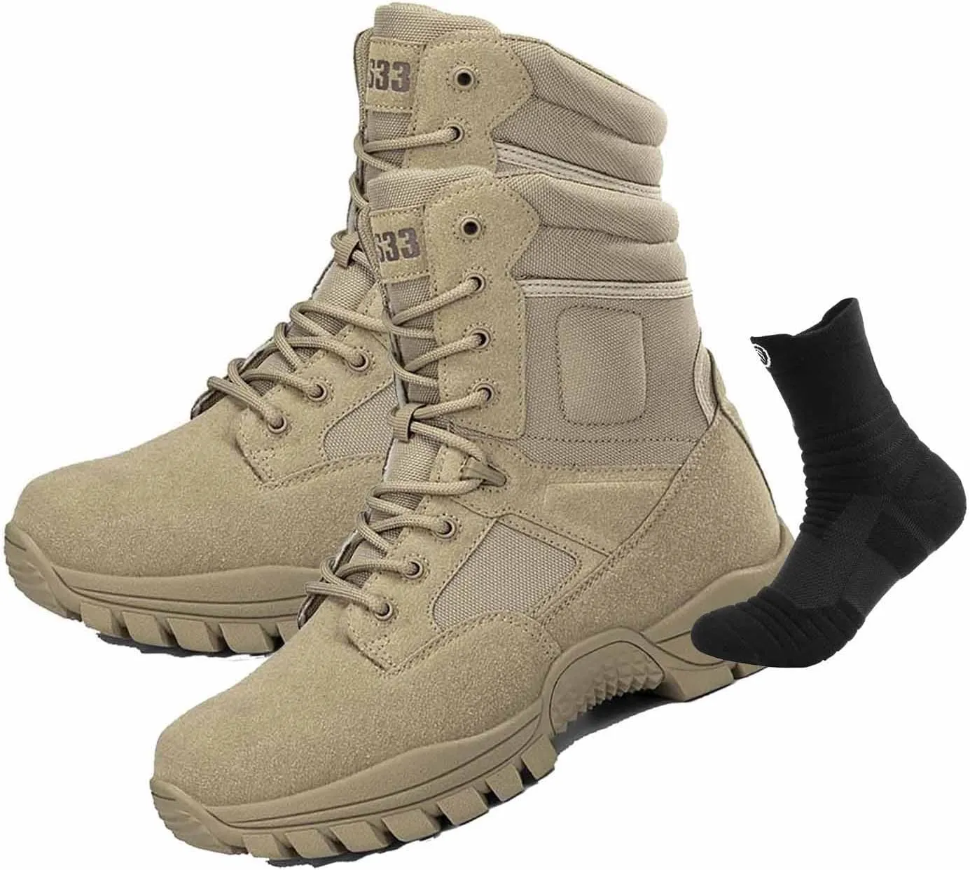 Desert Combat Boots, Outdoor Men's Tactical Work Boots with Sports Socks Durable Suede Hiking Boots Lightweight Non-Slip Motorcycle Combat Boots for Men