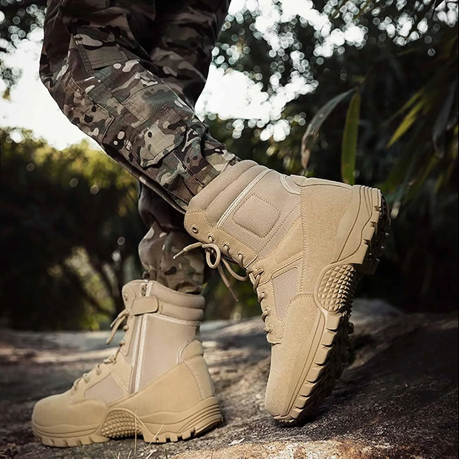 Desert Combat Boots, Outdoor Men's Tactical Work Boots with Sports Socks Durable Suede Hiking Boots Lightweight Non-Slip Motorcycle Combat Boots for Men