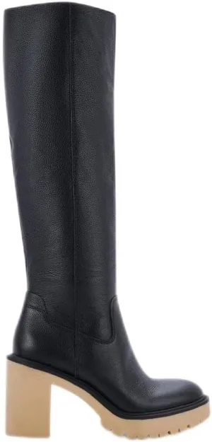 Dolce Vita Corry H2O Black Leather Block Heel Almond Toe Knee High Fashion Boot (Black Leather, 8W)