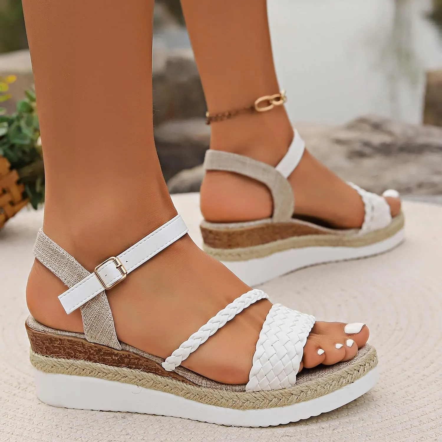 Eduavar Womens Sandals Casual Open Toe Ankle Strap Casual Flatform Platform Espadrilles Wedges Sandals Dressy Summer Shoes
