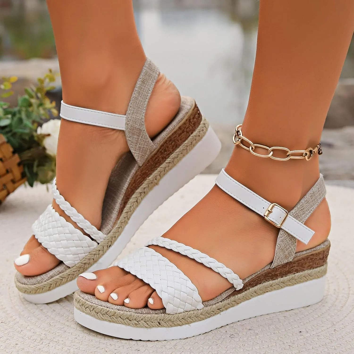 Eduavar Womens Sandals Casual Open Toe Ankle Strap Casual Flatform Platform Espadrilles Wedges Sandals Dressy Summer Shoes