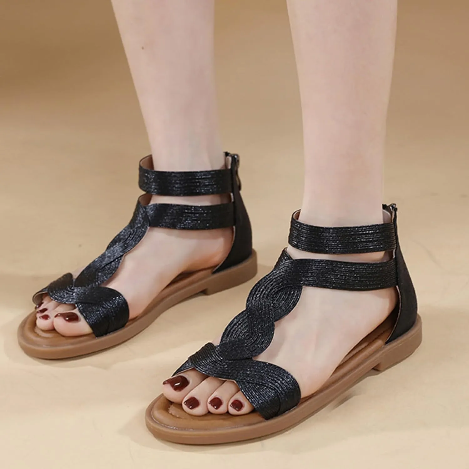 Flat Shoes for Women Sandals 2025 Summer Fashion Retro Fish Mouth Open Toe Casual Hollow Out Comfortable Sandals Casual Comfortable Summer Backless Mules Adjustable Slide Walking Shoes