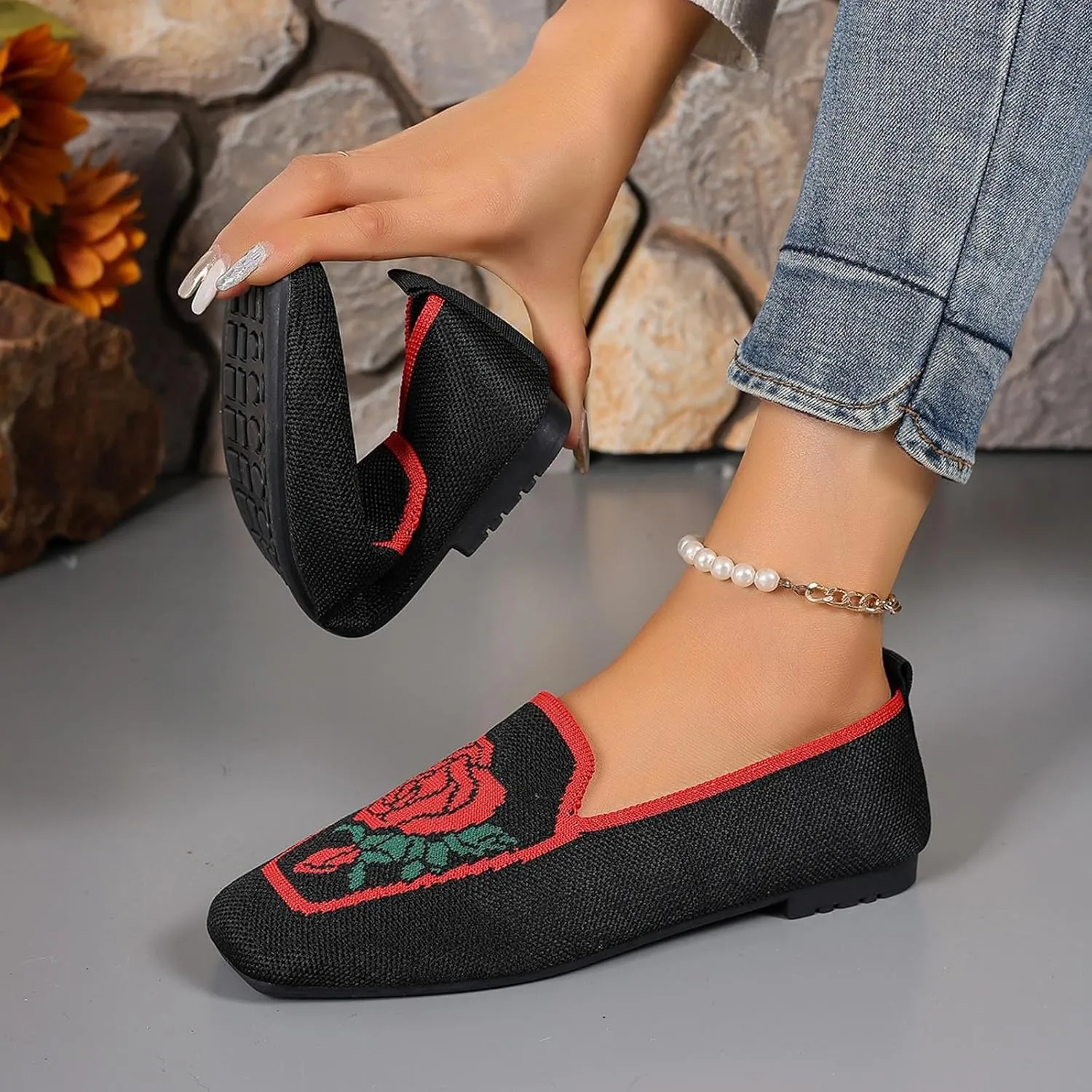 Flats for Women Knit Ballet Flats Slip On Loafer Shoes Comfort Work Shoe