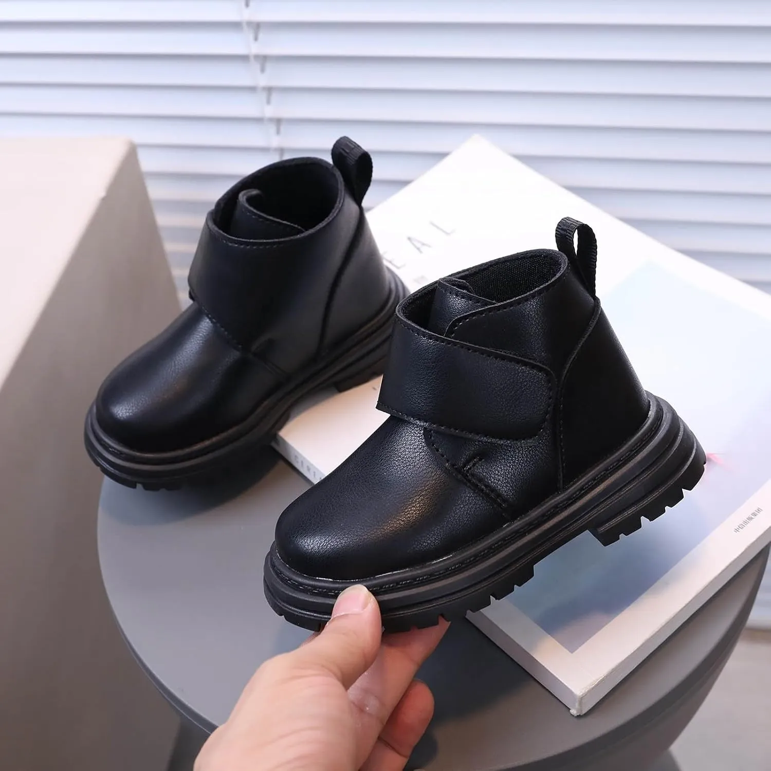 Girl's Ankle Riding Boots Faux Leather Short Booties Warm Outdoor Hiking Boots,Comfortable Water- Slip on Boots,Toddler Non Slip Texture Soft Durable Walking Boot Sole Baby Hook and Loop Boots