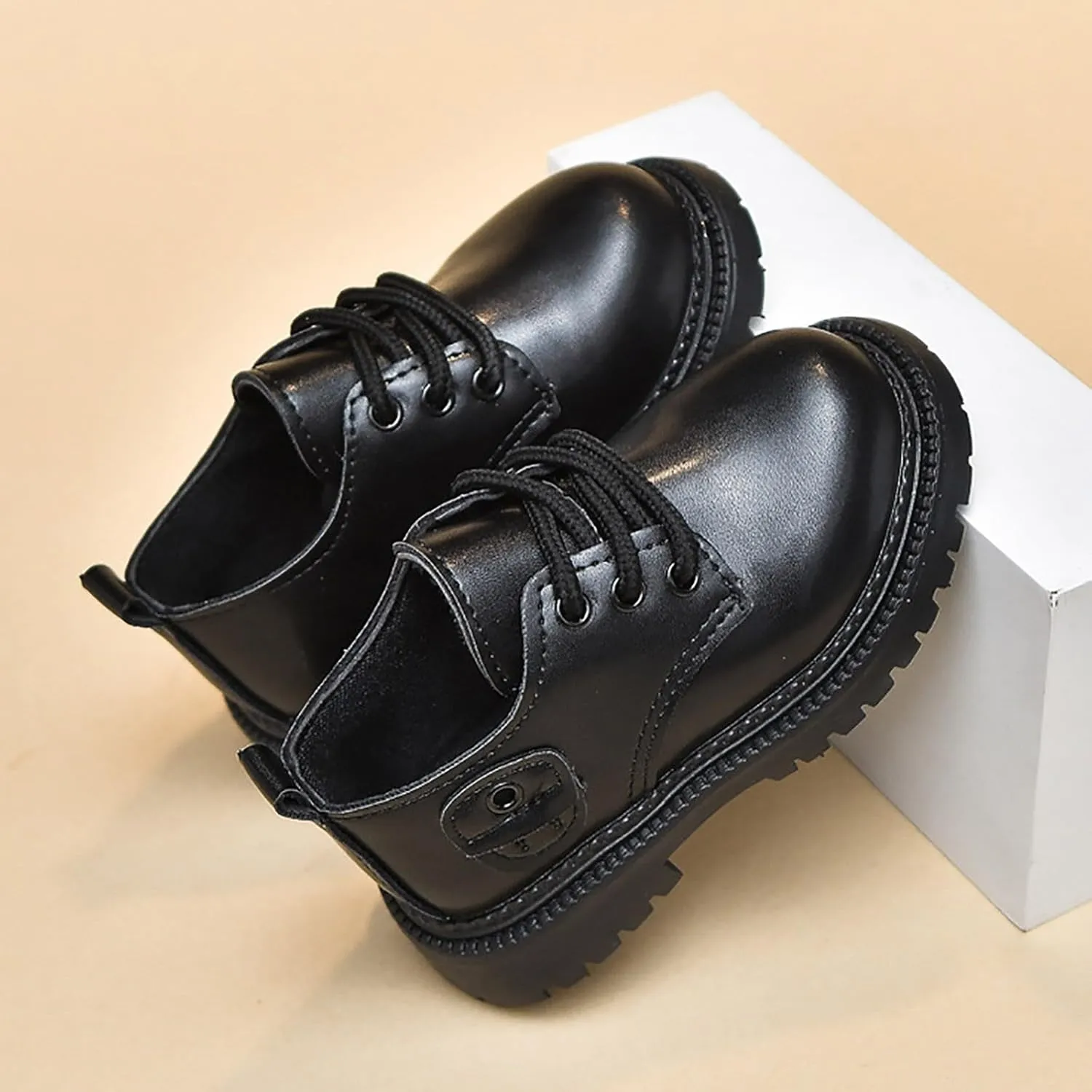Girls Boys Boots Combat Ankle Boots Short Booties Church Dress Shoes Lace up Faux-Leather School Uniform Loafers