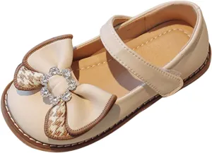 Girls Dress Leather Shoes Bow Rhinestone Princess Flats with Hook Loop for Kids Wedding Party Soft Sole Sandals