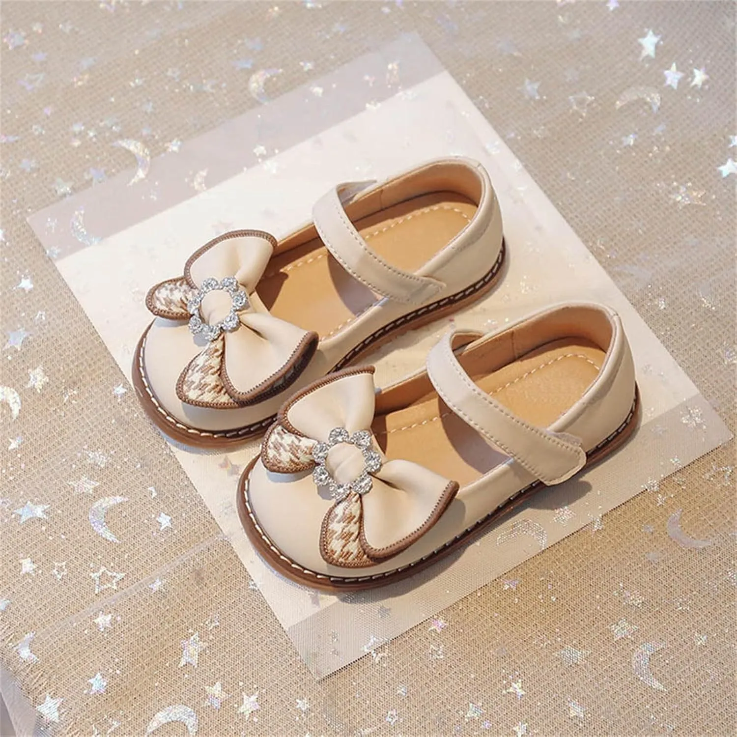 Girls Dress Leather Shoes Bow Rhinestone Princess Flats with Hook Loop for Kids Wedding Party Soft Sole Sandals