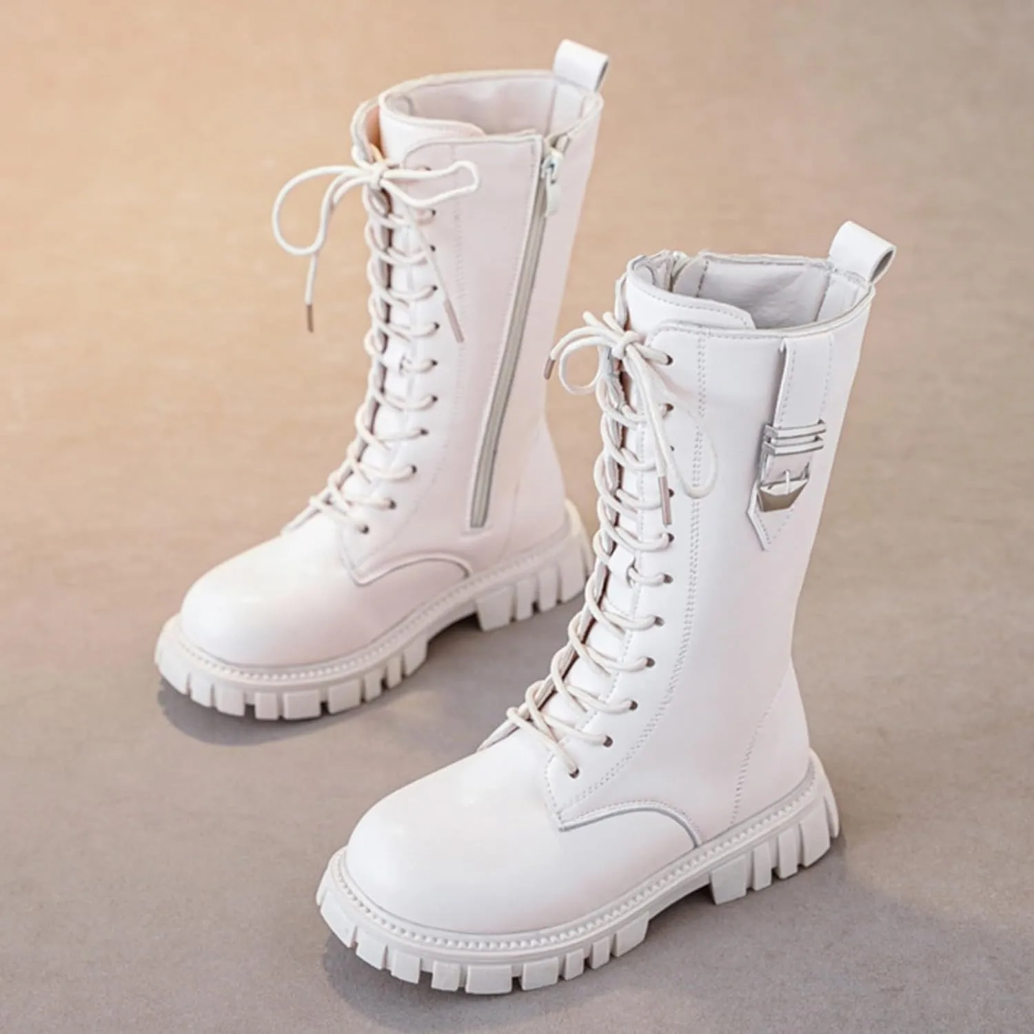 Girl's Knee High Boots Lace Up Side Zipper Combat Boots Faux Leather Non Slip Riding Boots Lug Sole Chunky Heels Shoes