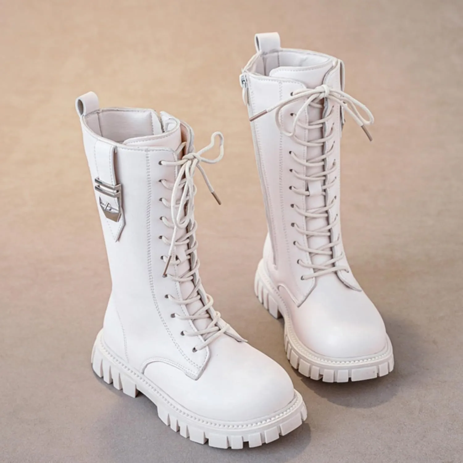 Girl's Knee High Boots Lace Up Side Zipper Combat Boots Faux Leather Non Slip Riding Boots Lug Sole Chunky Heels Shoes