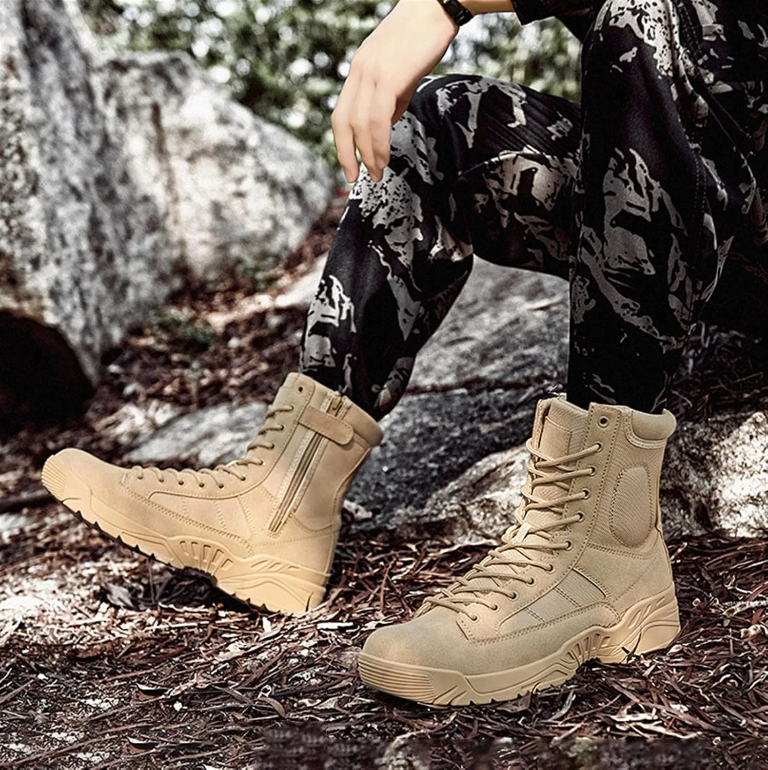 High Rise Hiking Boots, Desert Boots Mens Military, Outdoor Hiking Army Patrol Combat Side Zipper Shose, Breathable and Durable Jungle Work Tactical Footwear, for Trekking,Climbing,Fishing,Walking