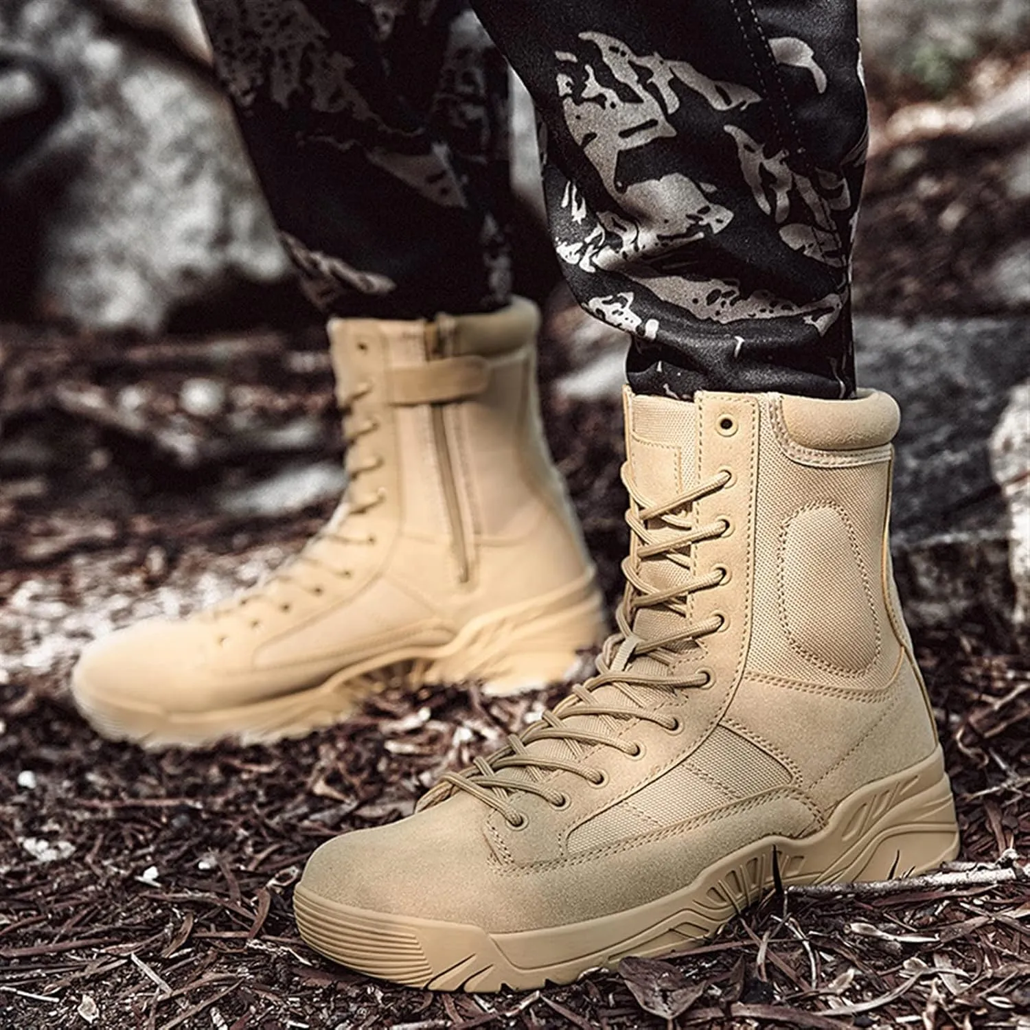 High Rise Hiking Boots, Desert Boots Mens Military, Outdoor Hiking Army Patrol Combat Side Zipper Shose, Breathable and Durable Jungle Work Tactical Footwear, for Trekking,Climbing,Fishing,Walking