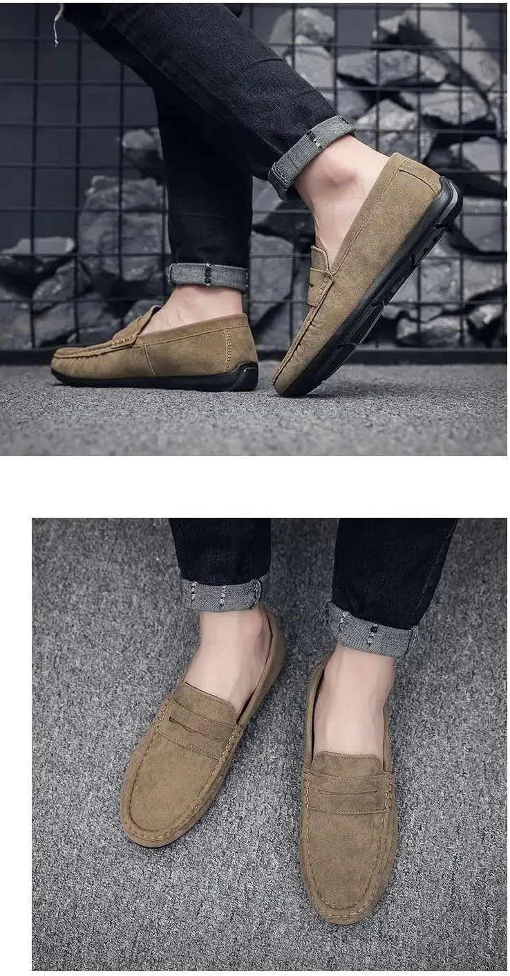 HOOENG Men's Loafers Suede Vamp Driving Penny Loafers Apron Toe Comfortable Flat Heel Lightweight Wedding Fashion Slip-ons