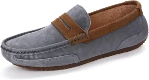 HOOENG Smoking Loafer for Men Suede Vamp Genuine Leather Stitching Details Round Toe Penny Loafer Soft Flat Heel Comfortable Walking Slip on (Color : Grey, Size : 8.5)
