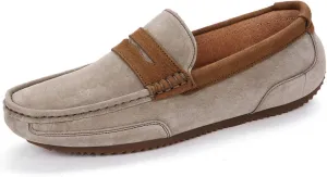 HOOENG Smoking Loafer for Men Suede Vamp Genuine Leather Stitching Details Round Toe Penny Loafer Soft Flat Heel Comfortable Walking Slip on (Color : Khaki, Size : 7)