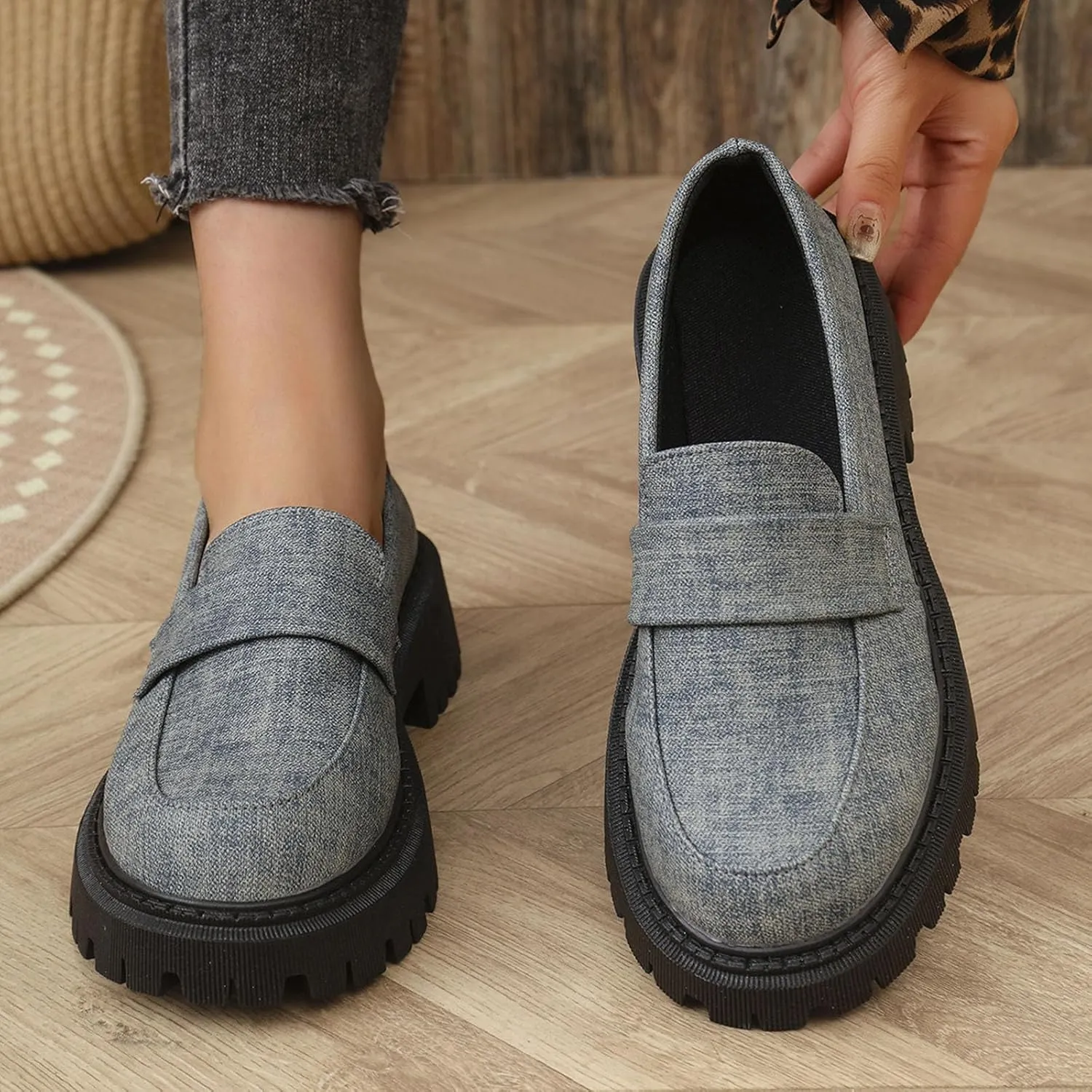 Jean Loafers for Women Comfort Slip-On Loafers Business Dress Shoes Chunky Heeled Work Shoes Retro Dress Shoes