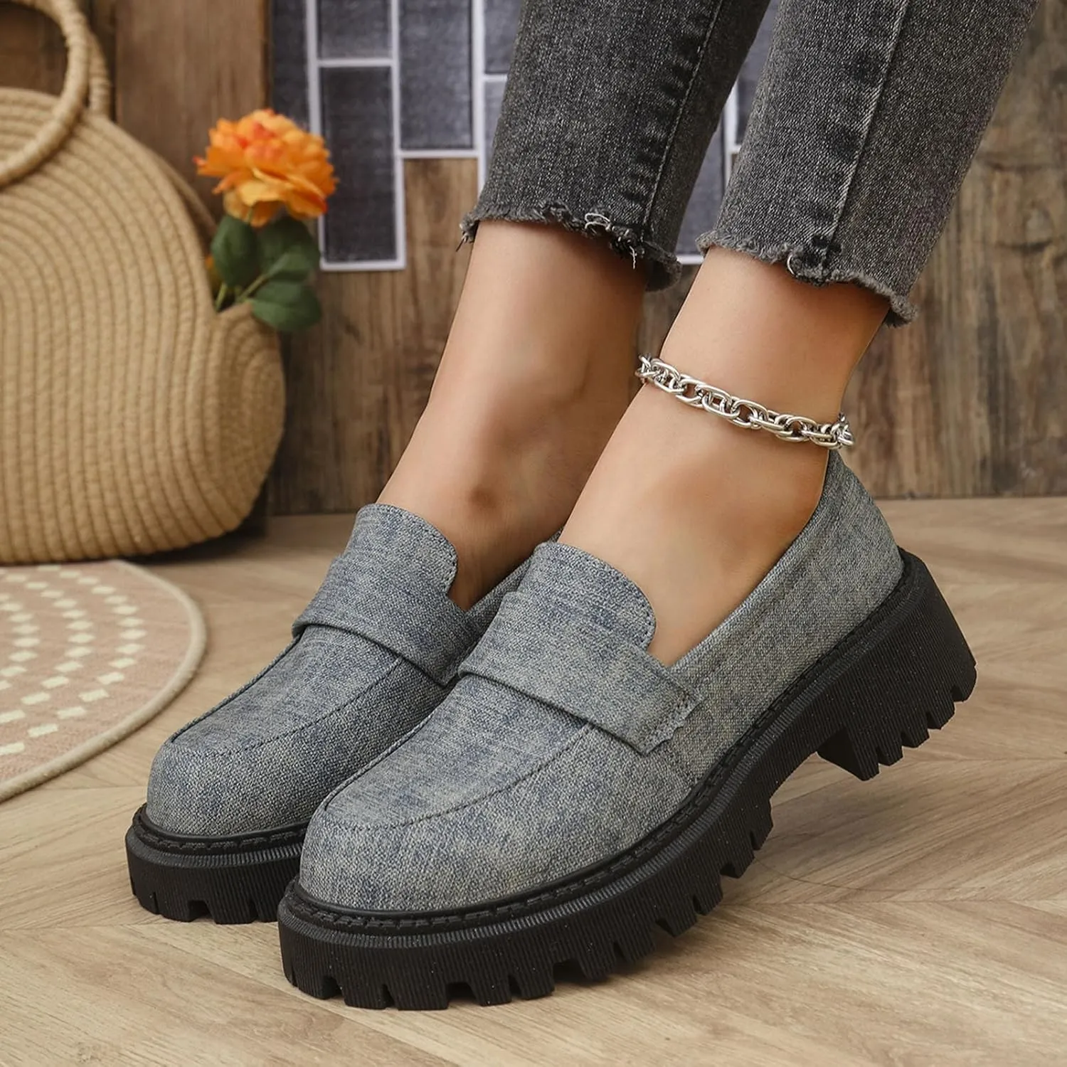 Jean Loafers for Women Comfort Slip-On Loafers Business Dress Shoes Chunky Heeled Work Shoes Retro Dress Shoes