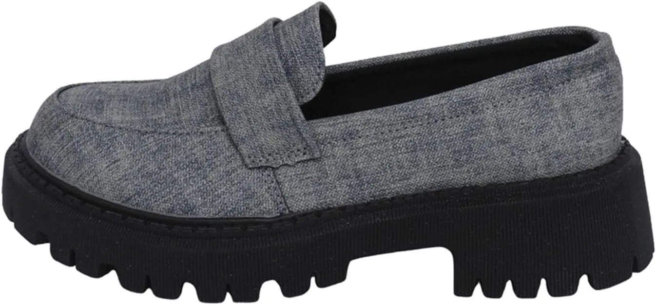 Jean Loafers for Women Comfort Slip-On Loafers Business Dress Shoes Chunky Heeled Work Shoes Retro Dress Shoes