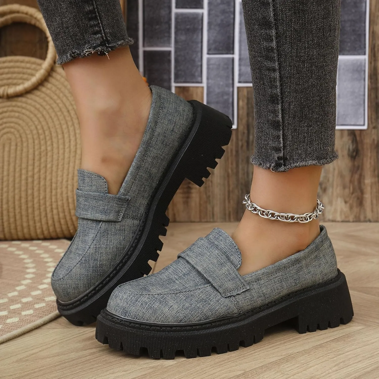 Jean Loafers for Women Comfort Slip-On Loafers Business Dress Shoes Chunky Heeled Work Shoes Retro Dress Shoes