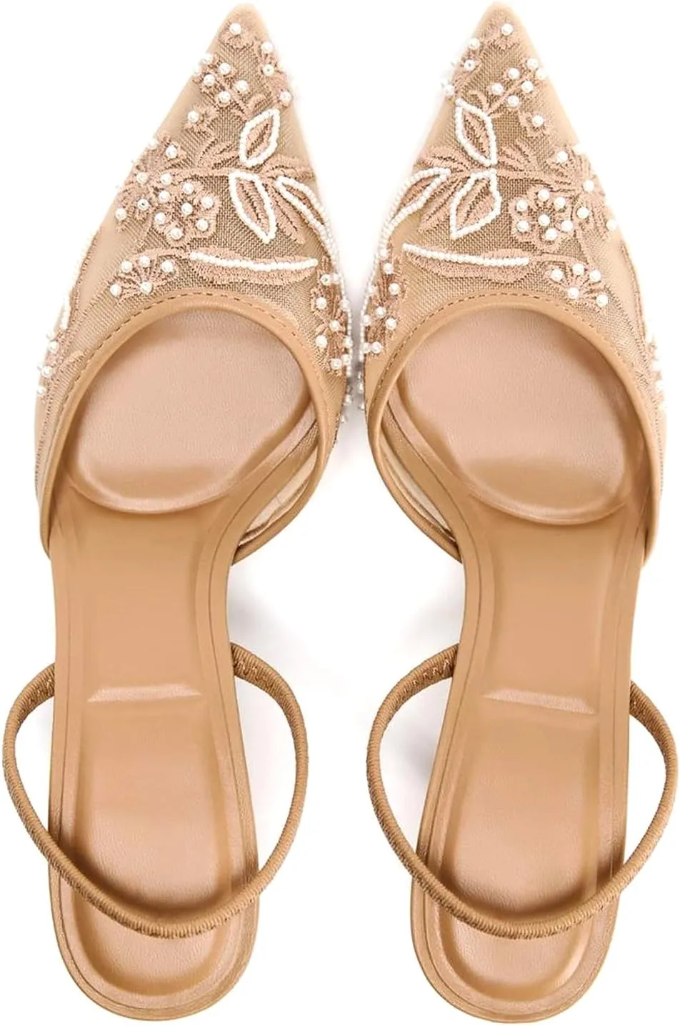 JORISTIMO Mesh Slingback Embroidered Kitten Heels for Women Pointed Closed Toe Pearl Heelsandles Pumps Wedding Party Dress Pumps Shoes