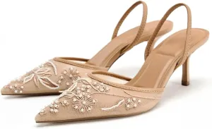 JORISTIMO Mesh Slingback Embroidered Kitten Heels for Women Pointed Closed Toe Pearl Heelsandles Pumps Wedding Party Dress Pumps Shoes