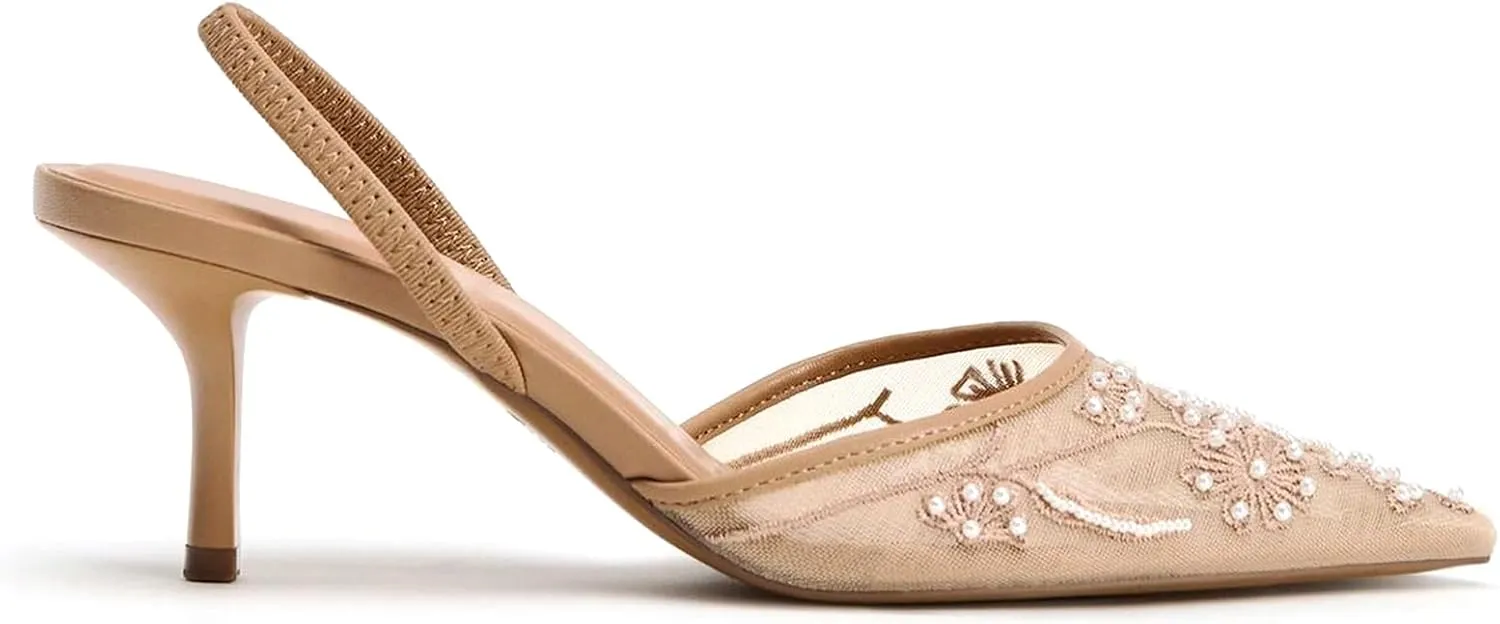 JORISTIMO Mesh Slingback Embroidered Kitten Heels for Women Pointed Closed Toe Pearl Heelsandles Pumps Wedding Party Dress Pumps Shoes