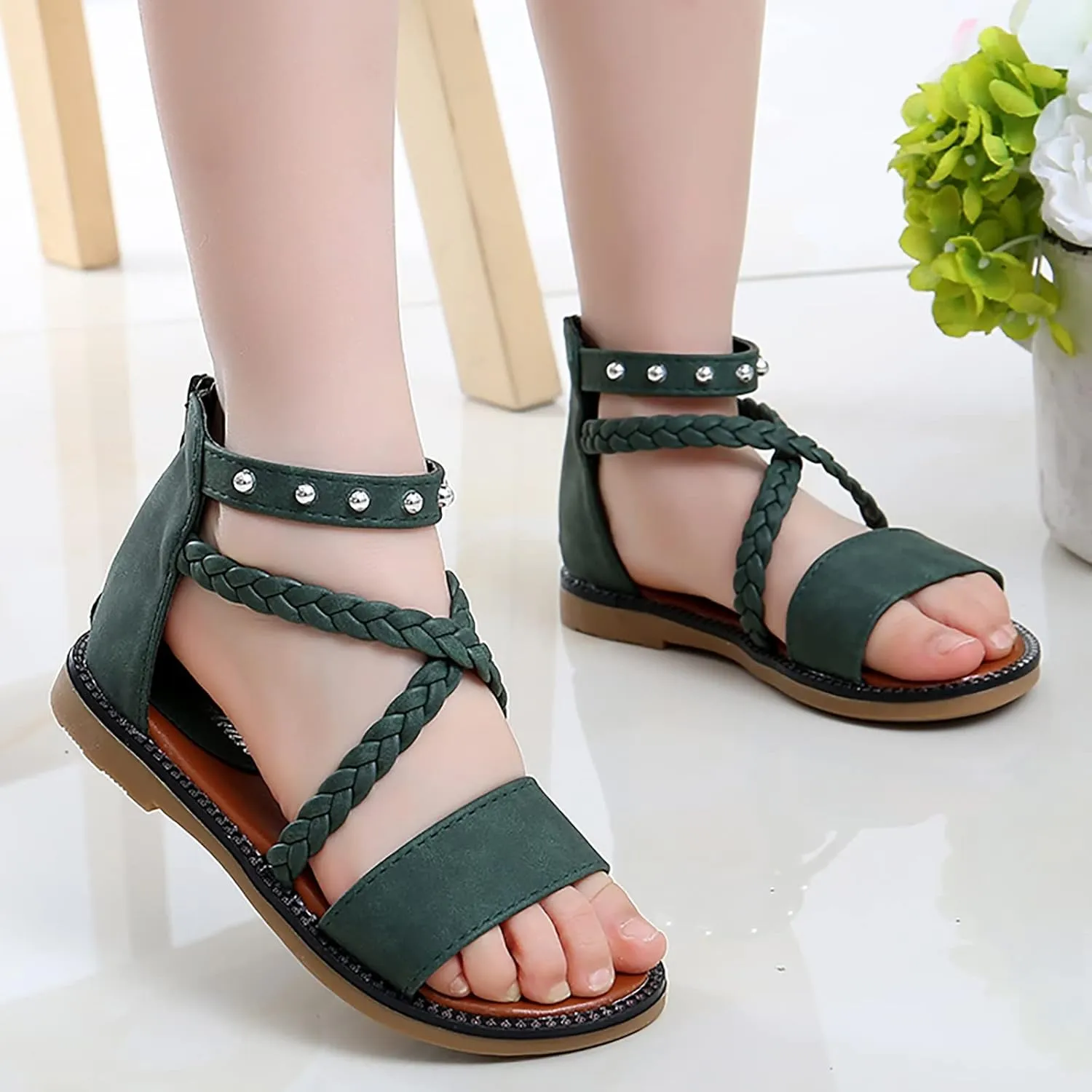 Kids Girls Roman Sandals Vintage Strappy High Top Soft Sole Beach Shoes Flat Open Toe Sandals Toddler Girl Slippers