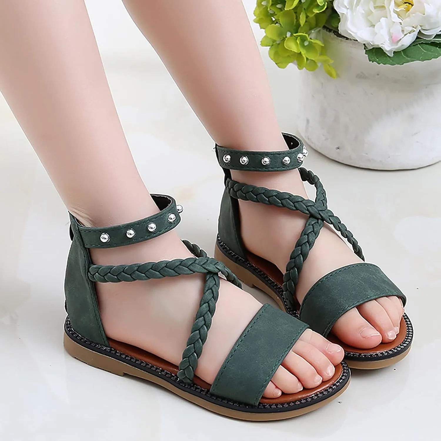 Kids Girls Roman Sandals Vintage Strappy High Top Soft Sole Beach Shoes Flat Open Toe Sandals Toddler Girl Slippers