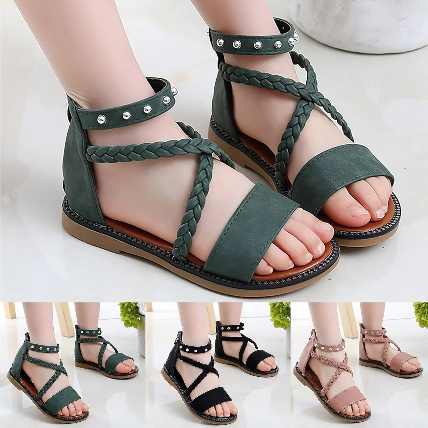 Kids Girls Roman Sandals Vintage Strappy High Top Soft Sole Beach Shoes Flat Open Toe Sandals Toddler Girl Slippers