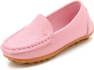 Kids Leather Loafers Slip-On Texture Flats Boys Girls Boat Shoes Toddler Soft Sole Moccasins School Tennis Shoes