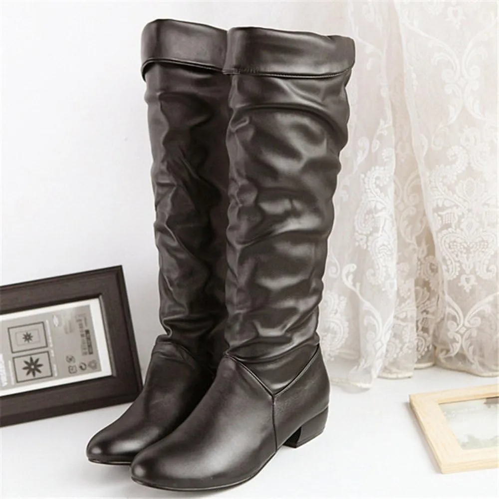 Knee High Boots Women Pointed Toe Pull on Flat Boots Side Zipper Long Boots High Wrinkled Slouchy Boots