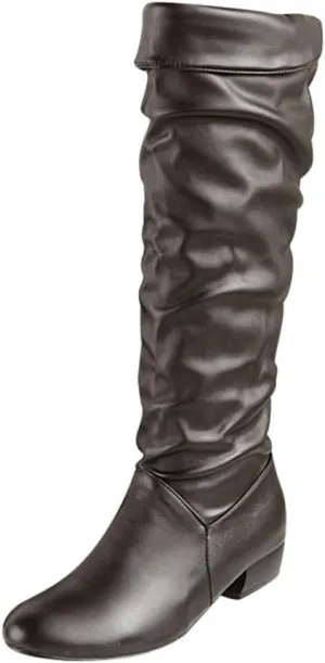 Knee High Boots Women Pointed Toe Pull on Flat Boots Side Zipper Long Boots High Wrinkled Slouchy Boots