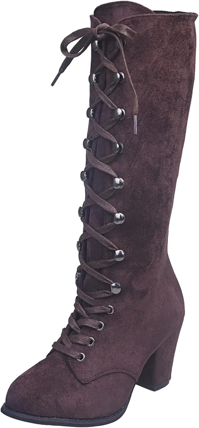 Knee High Boots Women Vintage Gothic Mid Calf Height Boots Lace up Thick High Heels Boots Casual Winter Warm Shoes