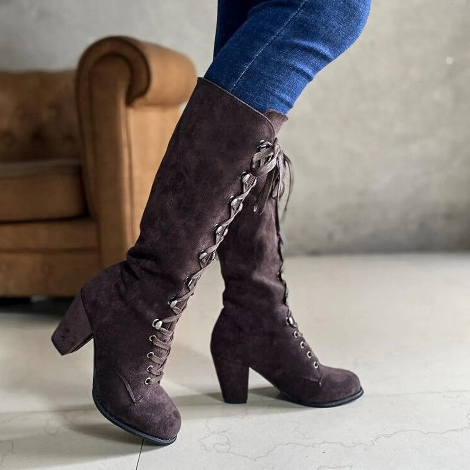 Knee High Boots Women Vintage Gothic Mid Calf Height Boots Lace up Thick High Heels Boots Casual Winter Warm Shoes