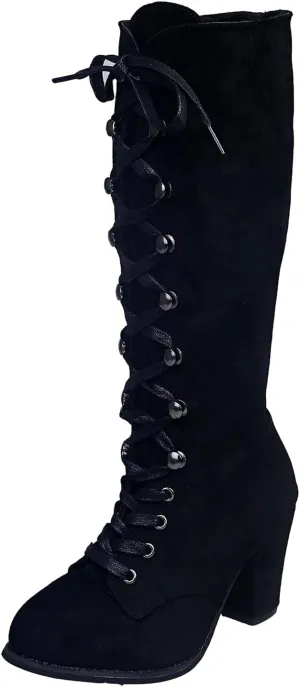 Knee High Boots Women Vintage Gothic Mid Calf Height Boots Lace up Thick High Heels Boots Casual Winter Warm Shoes