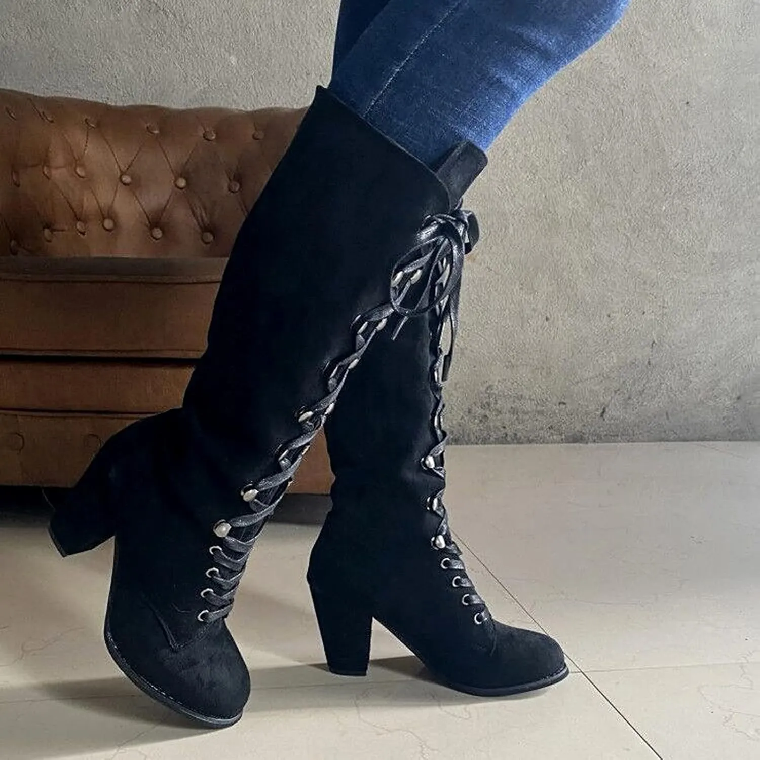 Knee High Boots Women Vintage Gothic Mid Calf Height Boots Lace up Thick High Heels Boots Casual Winter Warm Shoes