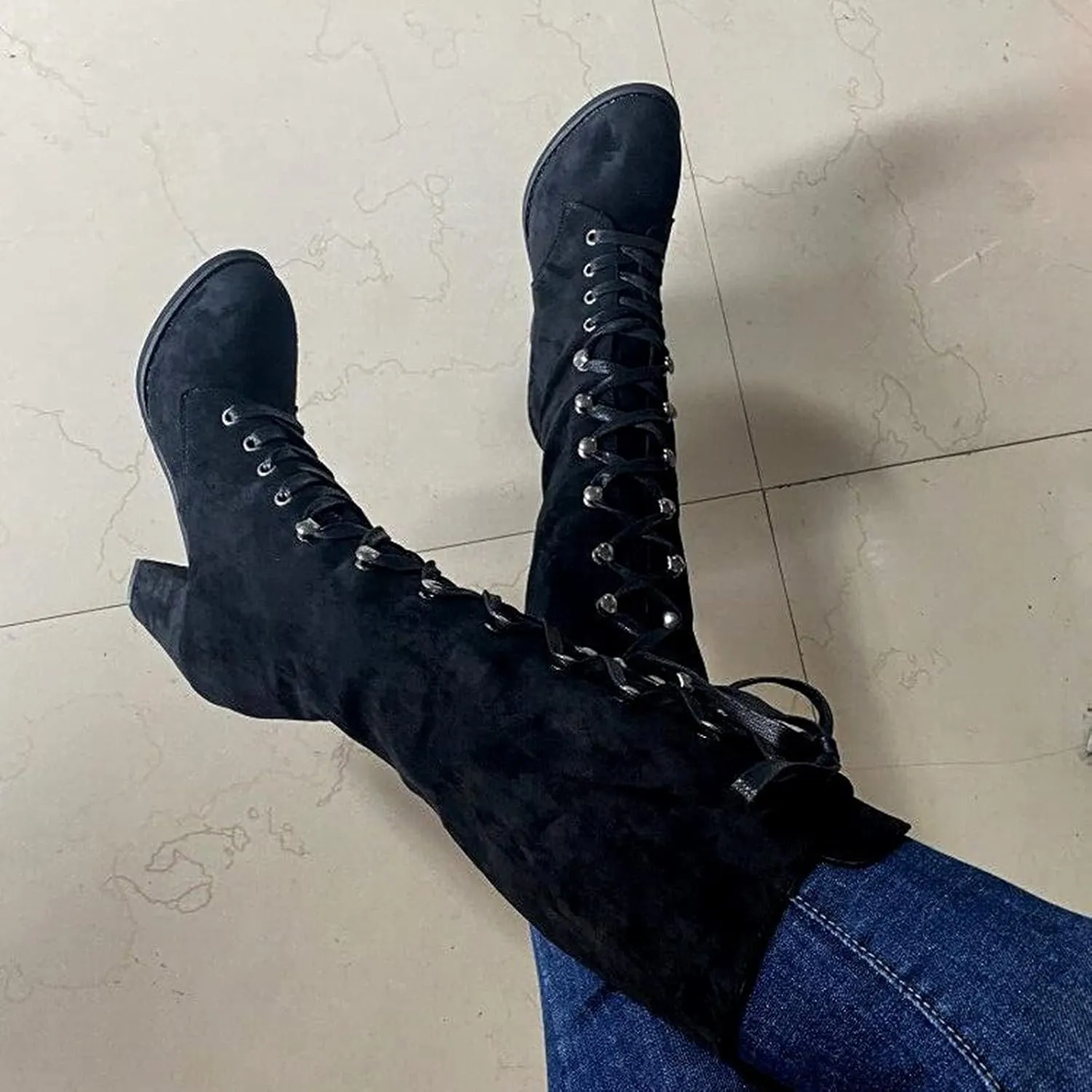 Knee High Boots Women Vintage Gothic Mid Calf Height Boots Lace up Thick High Heels Boots Casual Winter Warm Shoes