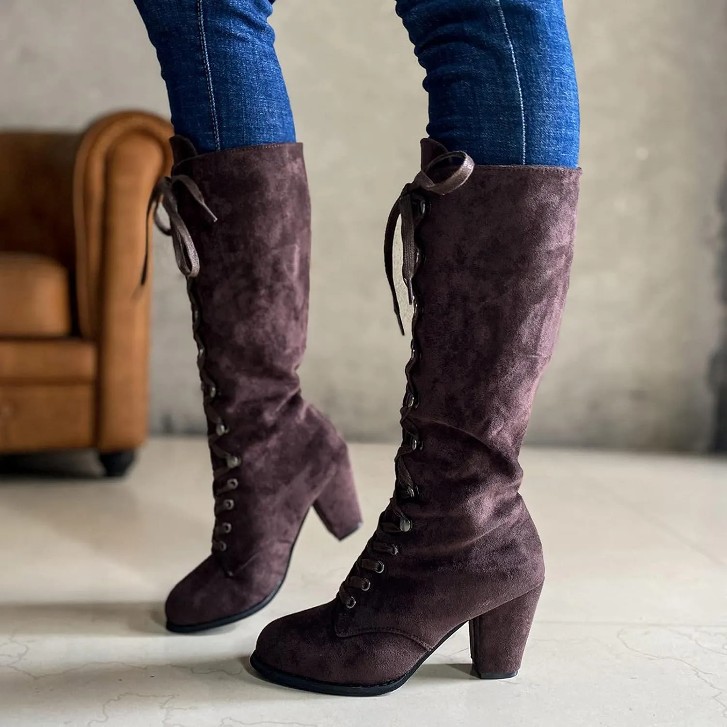 Knee High Boots Women Vintage Gothic Mid Calf Height Boots Lace up Thick High Heels Boots Casual Winter Warm Shoes