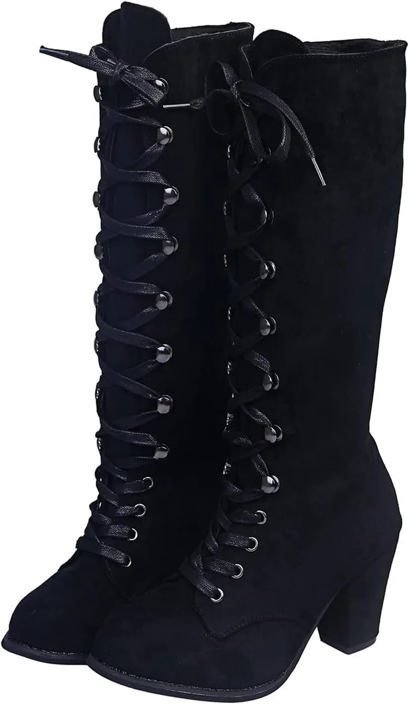 Knee High Boots Women Vintage Gothic Mid Calf Height Boots Lace up Thick High Heels Boots Casual Winter Warm Shoes