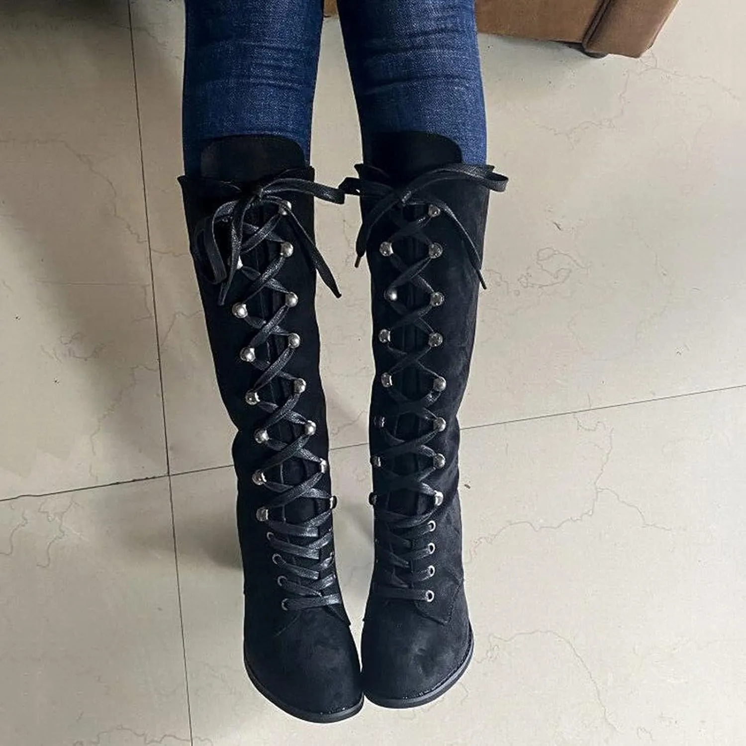 Knee High Boots Women Vintage Gothic Mid Calf Height Boots Lace up Thick High Heels Boots Casual Winter Warm Shoes
