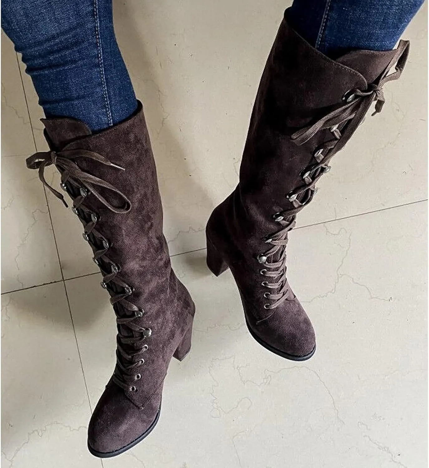 Knee High Boots Women Vintage Gothic Mid Calf Height Boots Lace up Thick High Heels Boots Casual Winter Warm Shoes