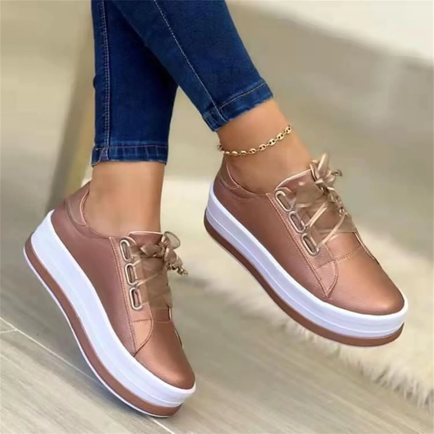 Lausiuoe Shoes For Women Sneakers Cute Leather Low Top Walking Shoes Casual Fashion Slip On Soft Non-Slip Flat Loafers