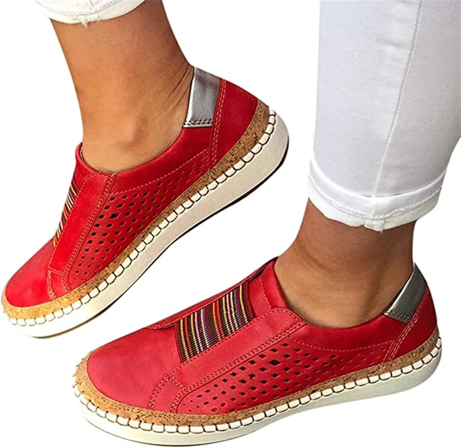 Lausiuoe Sneakers For Women Walking Shoes Wide Width Women Comfortable Casual Fashion Sneakers Walking Shoes Classic Fall Lightweight Soft Breathable Slip On Low Top Canvas Flat Loafers Red