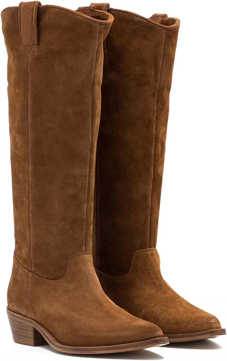 LEHOOR Women's Stacked Heel Brown Slouchy Knee High Western Boots Wide Calf Pointed Toe Suede Leather Brown Cowboy Boots Low Heel Pull On Tan Combat Boots Velvet Dress Comfort Brown Size 6 M US