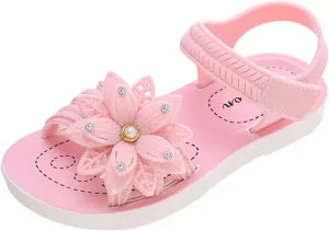 Little Girls Princess Sandals Soft Sole Non Slip Comfortable Fashion Open Toe Flat Sandals with Flower Decoration