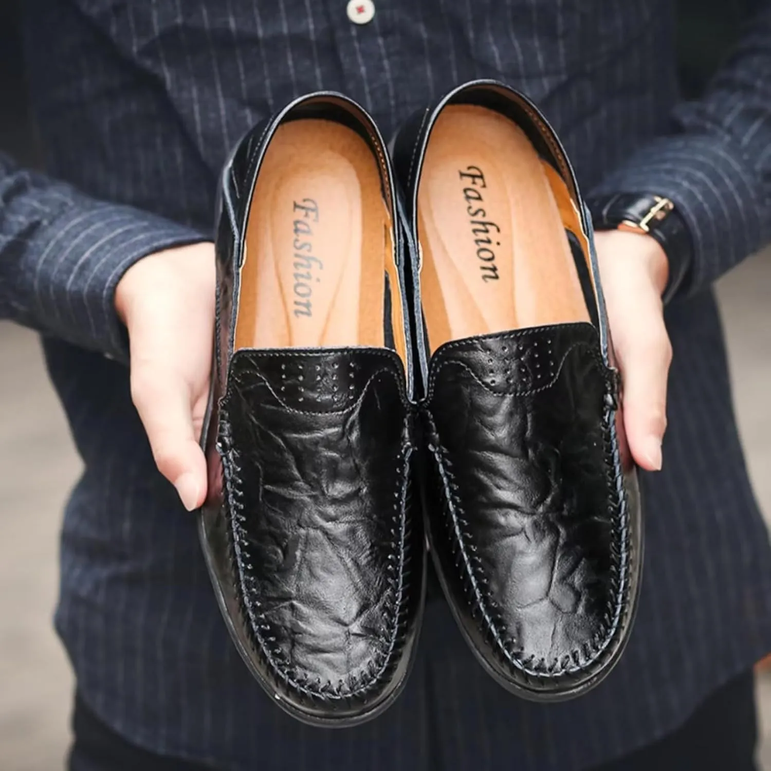 Mens Handmade Leather Slip-On Loafers Casual Round Toe Flat Penny Loafers Soft Breathable Driving Walking Boat Shoes