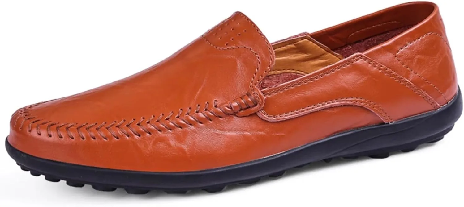 Mens Handmade Leather Slip-On Loafers Casual Round Toe Flat Penny Loafers Soft Breathable Driving Walking Boat Shoes